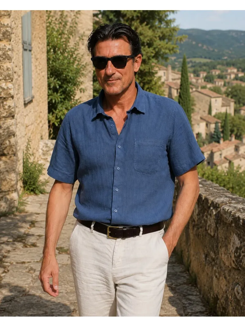 Navy men's linen shirt with short sleeves Bonnieux worn in the Luberon