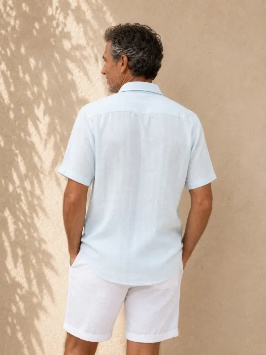 Sky blue men's linen shirt with short sleeves Bonnieux back view