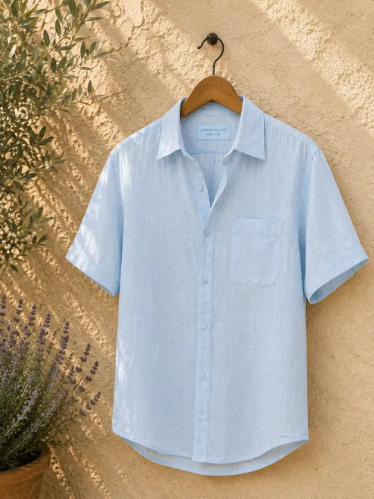 Chemise en lin homme bleu ciel à manches courtes Bonnieux sur cintre en bois