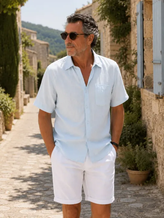 Chemise en lin homme bleu ciel à manches courtes Bonnieux dans le Luberon