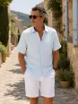 Sky blue men's linen shirt with short sleeves Bonnieux in the Luberon