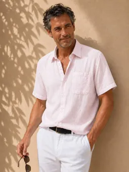 Chemise en lin homme rose pâle à manches courtes Bonnieux vue de face