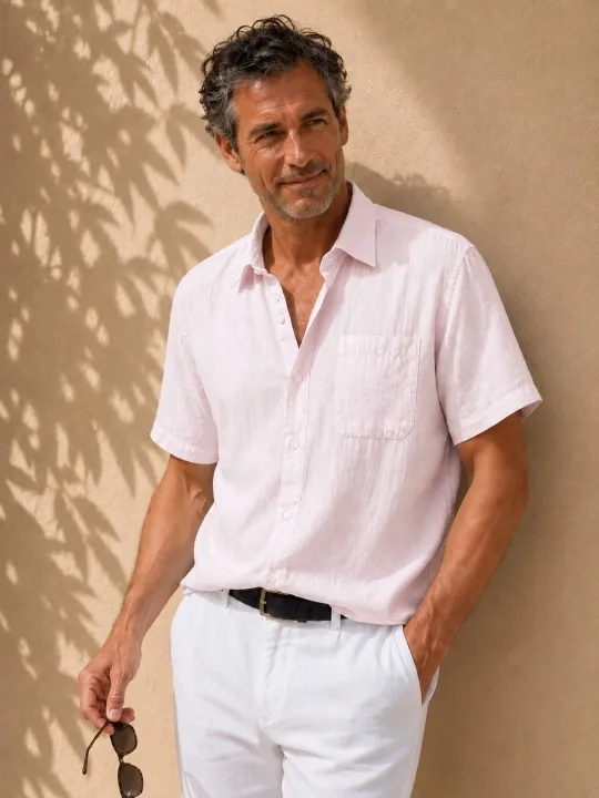 Chemise en lin homme rose pâle à manches courtes Bonnieux vue de face