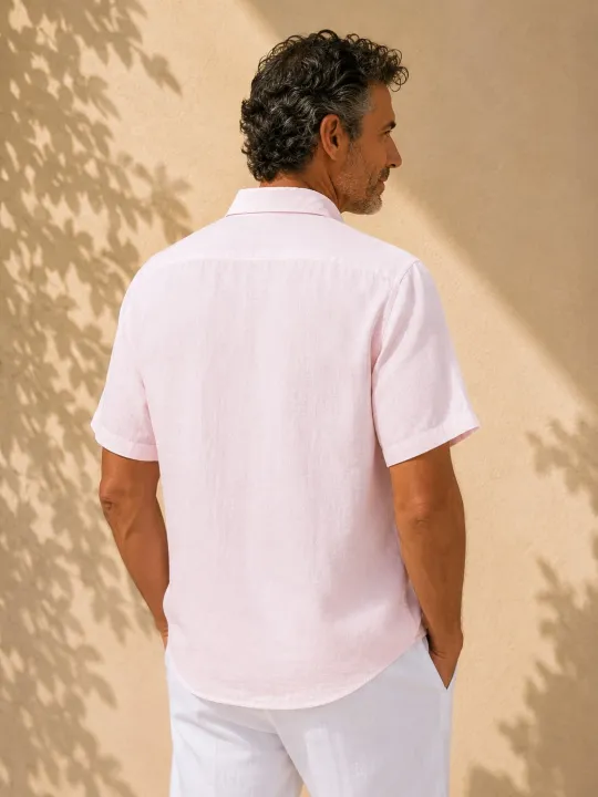 Pale pink men's linen shirt with short sleeves Bonnieux back view