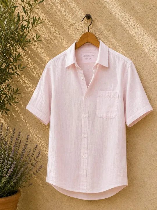 Pale pink men's linen shirt with short sleeves Bonnieux on a wooden hanger