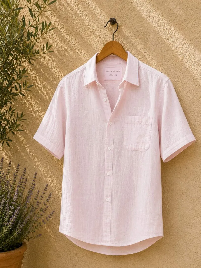 Chemise en lin homme rose pâle à manches courtes Bonnieux sur cintre en bois