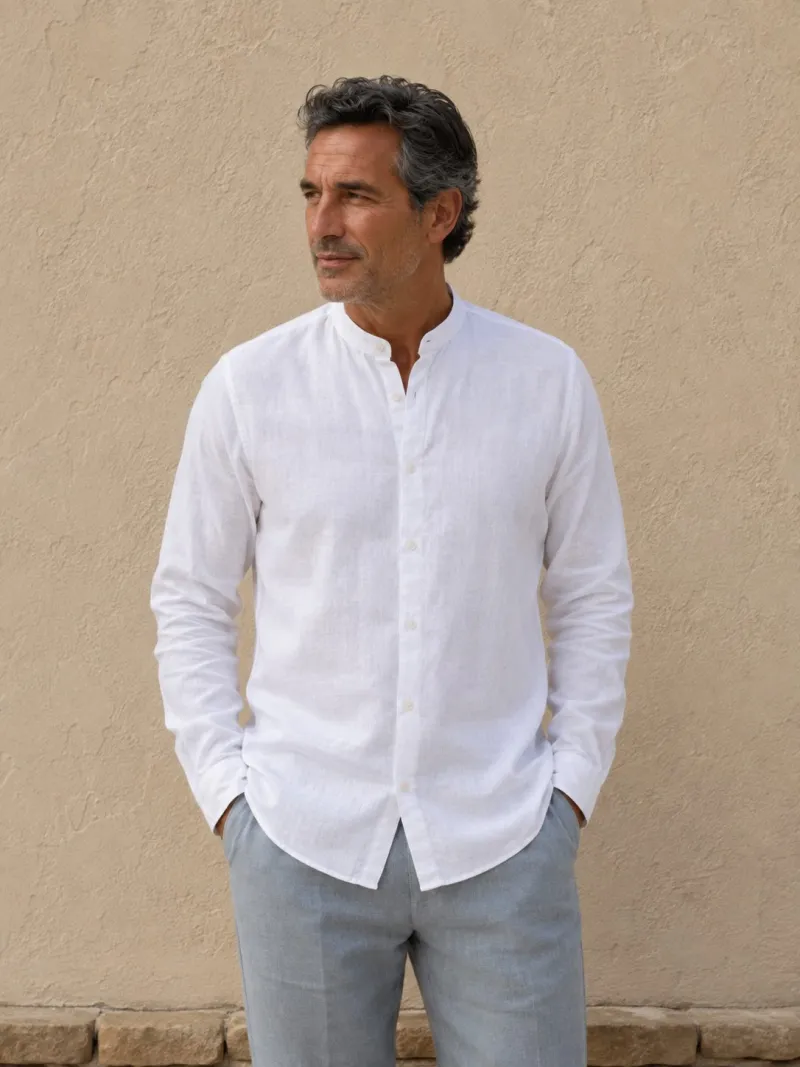 White collarless linen shirt for men Bonnieux front view