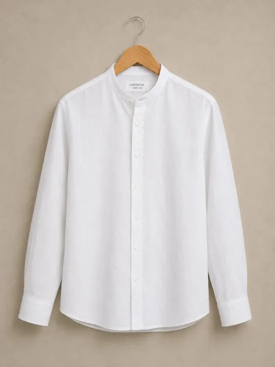 White collarless linen shirt for men Bonnieux on wooden hanger