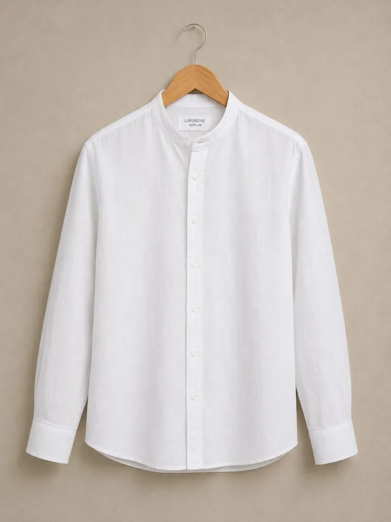 White collarless linen shirt for men Bonnieux on wooden hanger