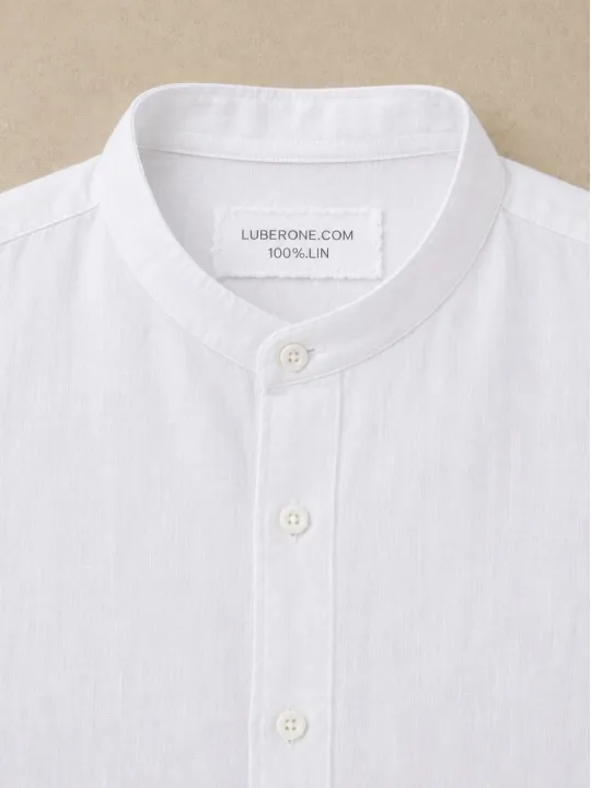 Collar and label detail of a white linen shirt for men Bonnieux