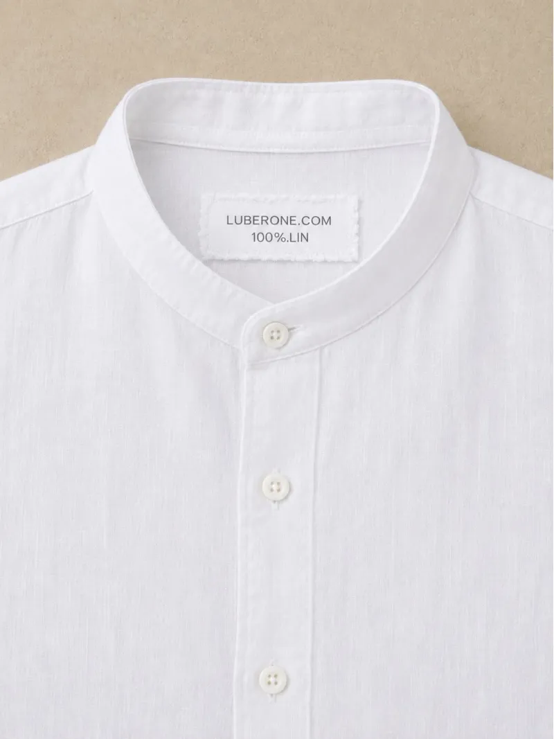 Collar and label detail of a white linen shirt for men Bonnieux