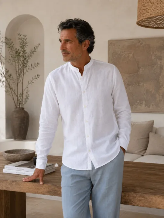 Man wearing a white collarless linen shirt Bonnieux indoors