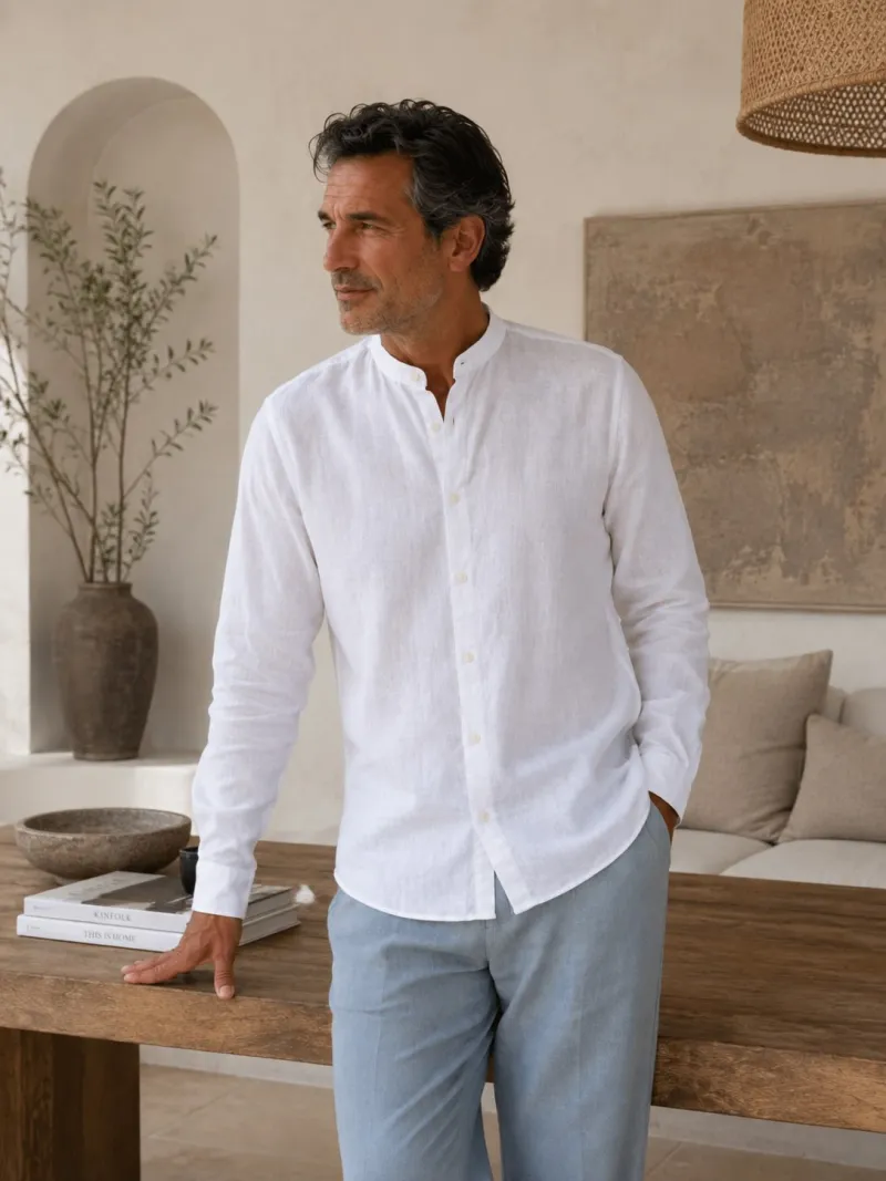 Man wearing a white collarless linen shirt Bonnieux indoors