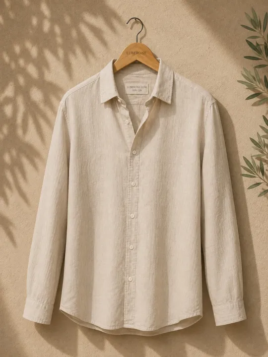 Chemise en lin homme sable manches longues Bonnieux sur cintre en bois