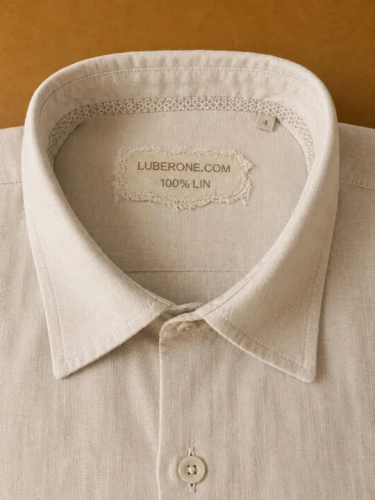 Détail du col et de l’étiquette d’une chemise en lin homme sable Bonnieux