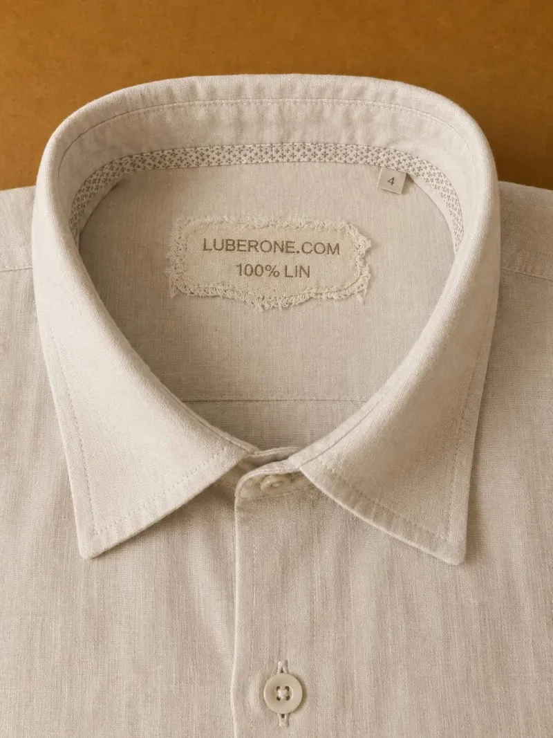 Détail du col et de l’étiquette d’une chemise en lin homme sable Bonnieux