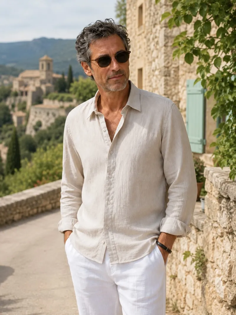 Homme portant une chemise en lin sable manches longues Bonnieux dans le Luberon