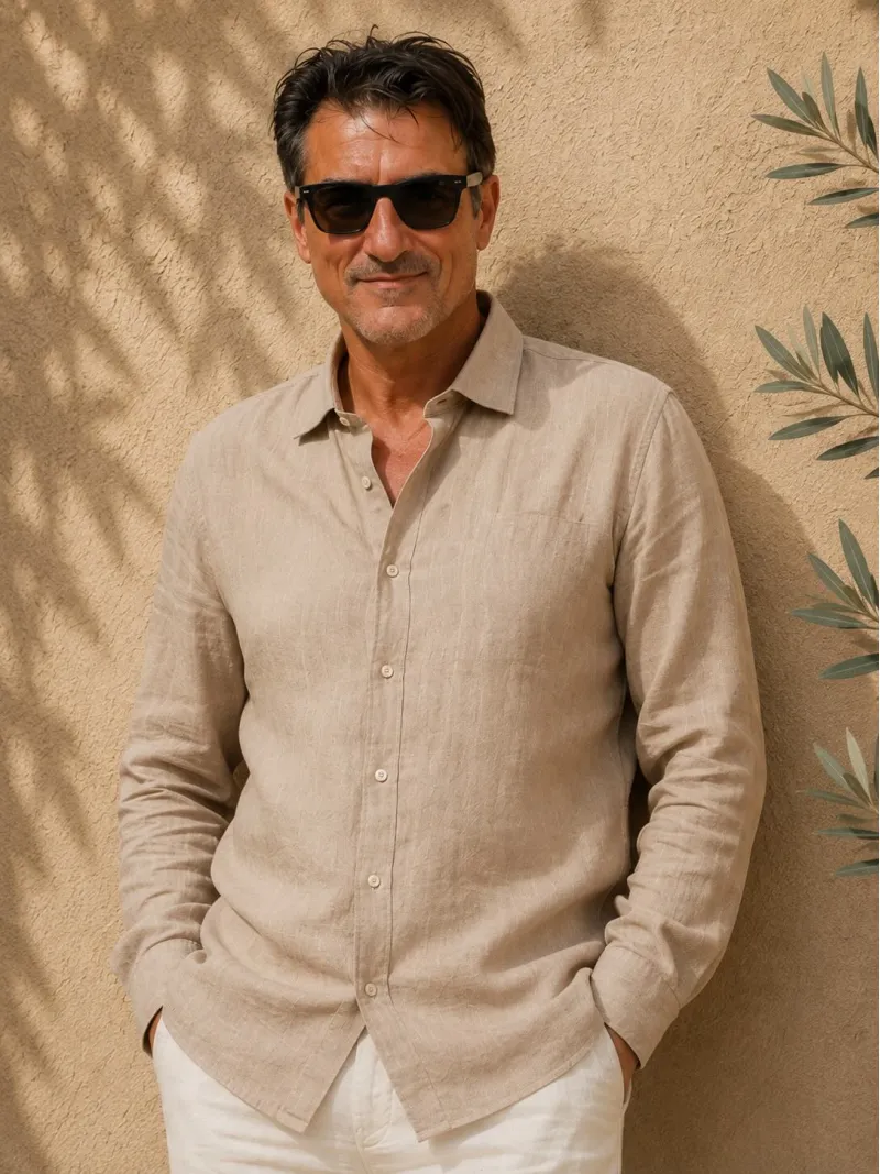 Men's beige linen shirt with long sleeves Bonnieux front view