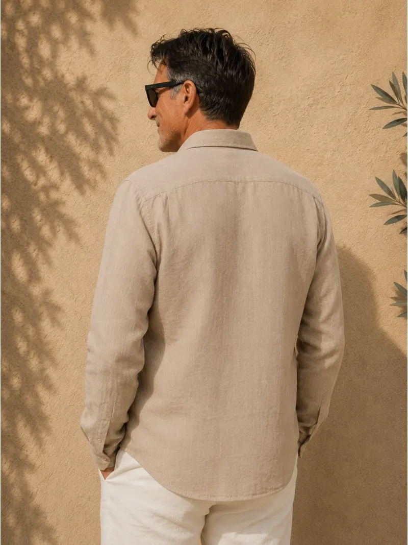 Men's beige linen shirt with long sleeves Bonnieux back view