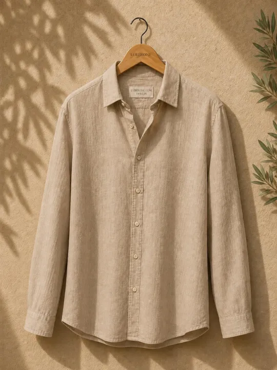 Men's beige linen shirt with long sleeves Bonnieux on wooden hanger