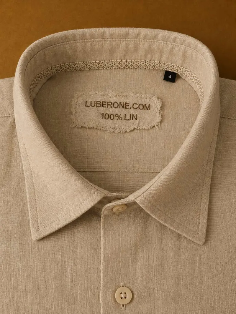 Collar and label detail of a men's beige linen shirt Bonnieux