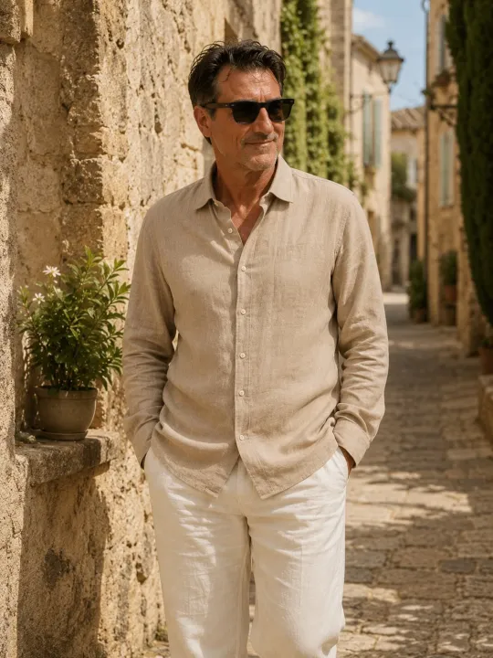 Man wearing a beige linen shirt with long sleeves Bonnieux in the Luberon