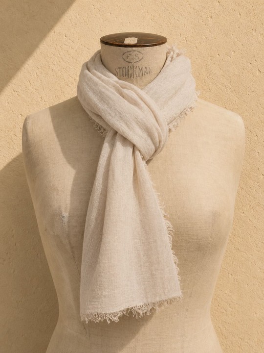Sand 100% linen scarf on mannequin