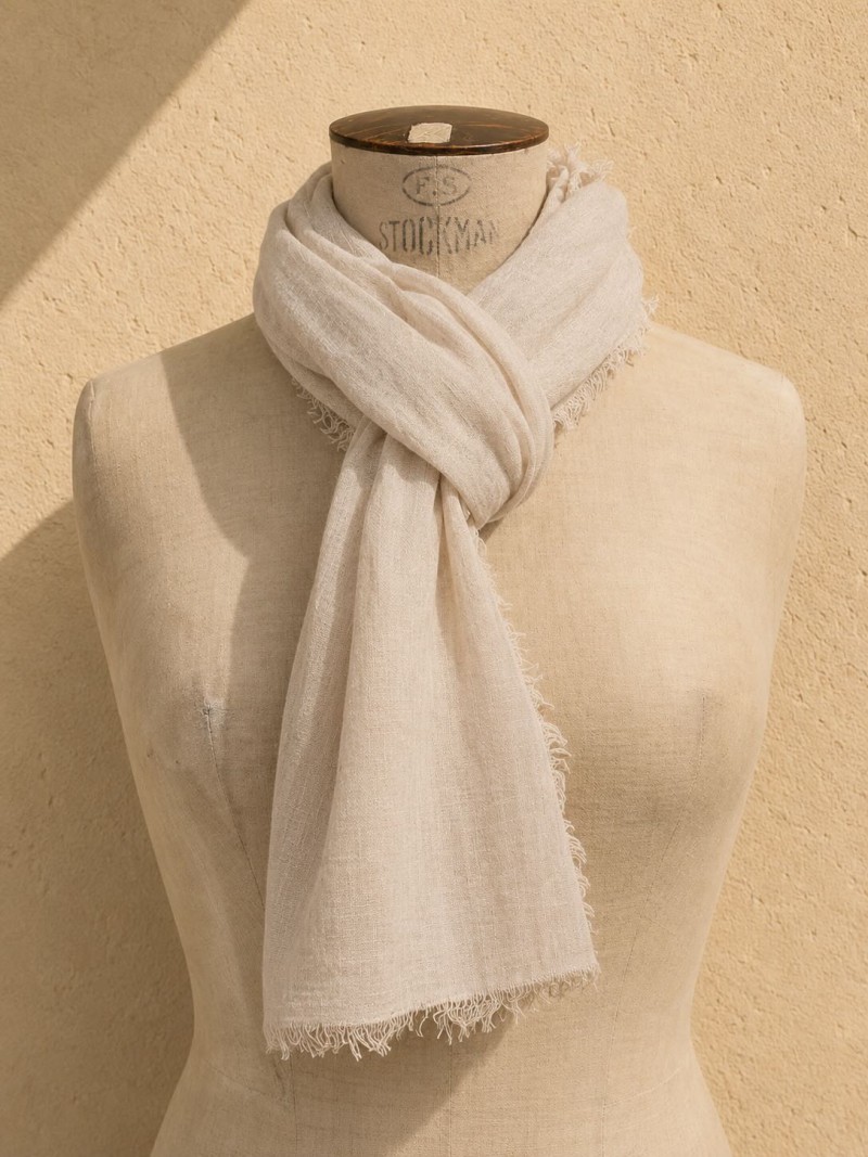 Sand 100% linen scarf on mannequin
