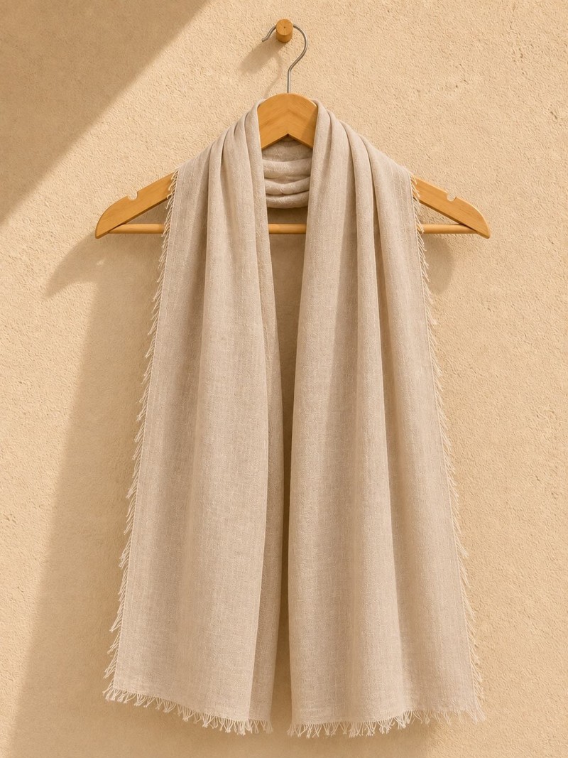 Sand 100% linen scarf hanging on a wooden hanger