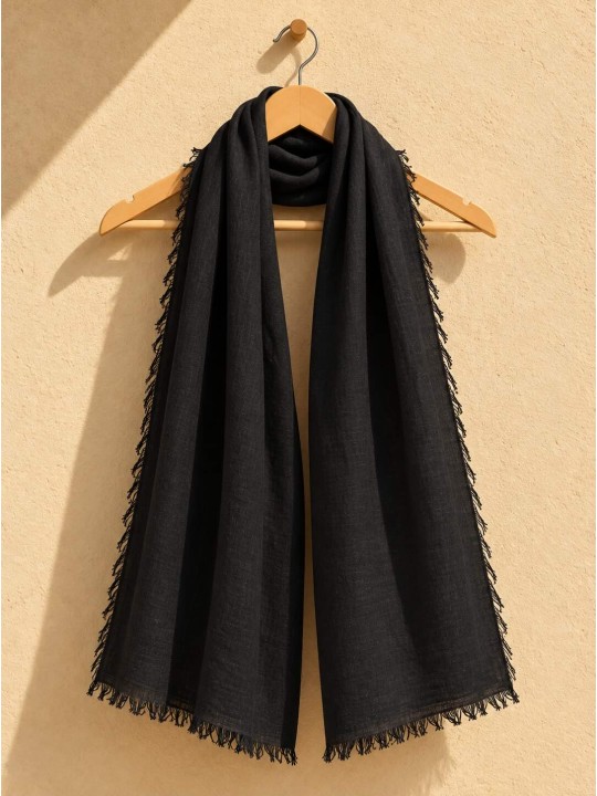 Black 100% linen scarf hanging on a wooden hanger