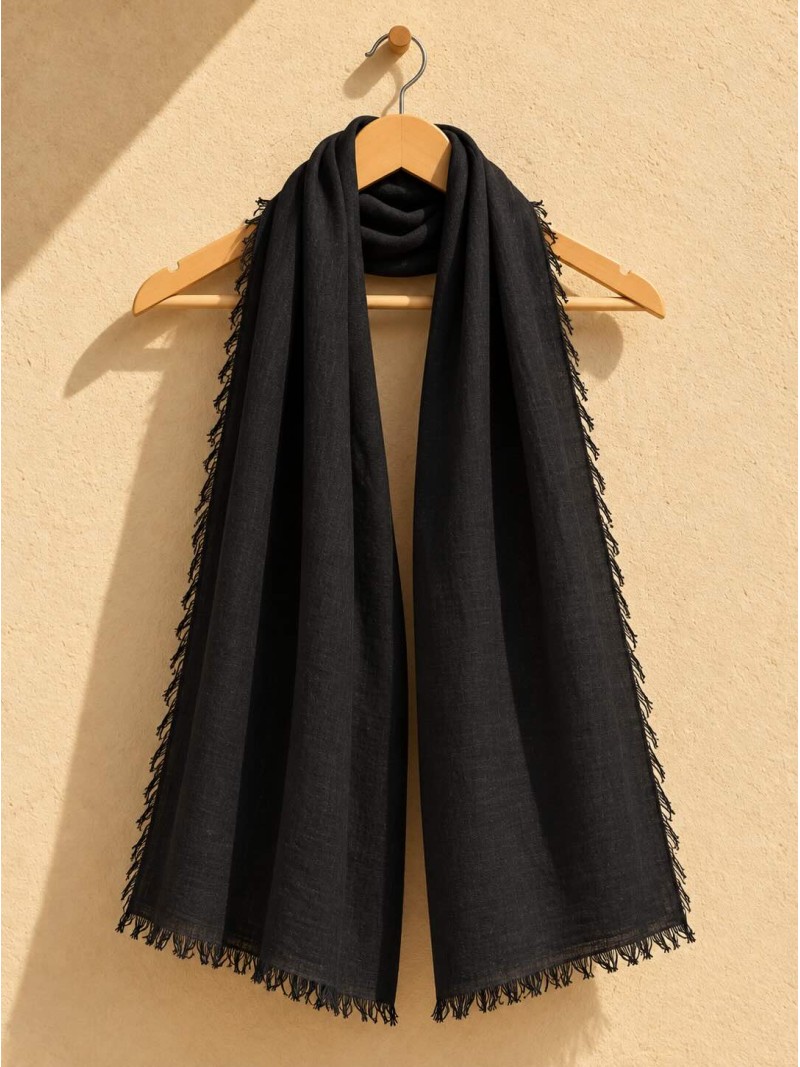 Black 100% linen scarf hanging on a wooden hanger