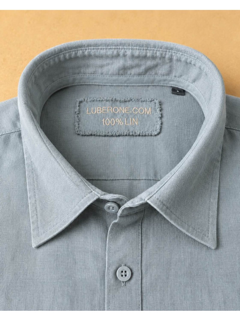 Collar and label detail of a green-grey men's linen shirt – Bonnieux