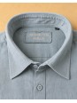 Collar and label detail of a green-grey men's linen shirt – Bonnieux