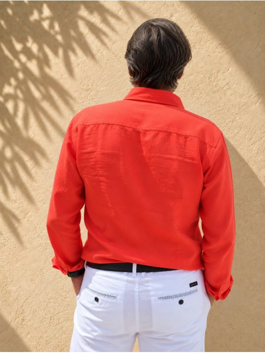 Men's coral long-sleeved linen shirt, back view – Bonnieux