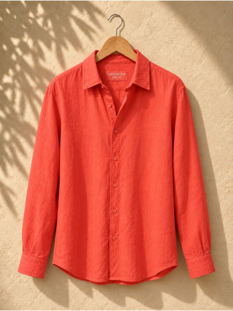 Chemise en lin homme corail manches longues sur cintre – Luberone