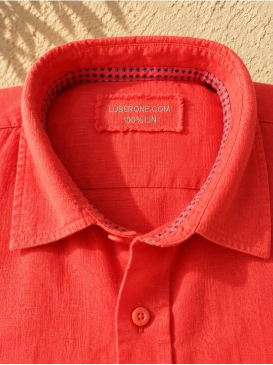 Collar and Luberone label detail of a coral linen shirt