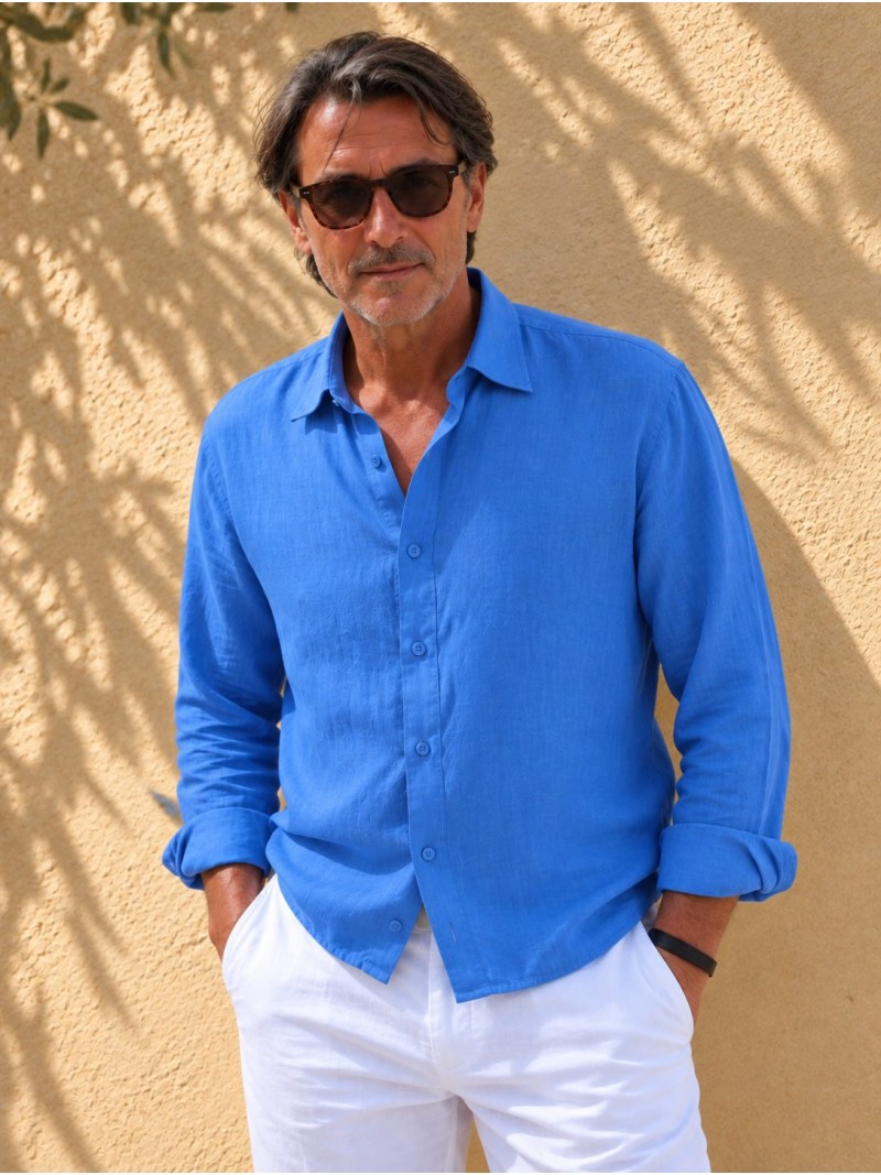 Chemise en lin homme bleu roi manches longues – Bonnieux