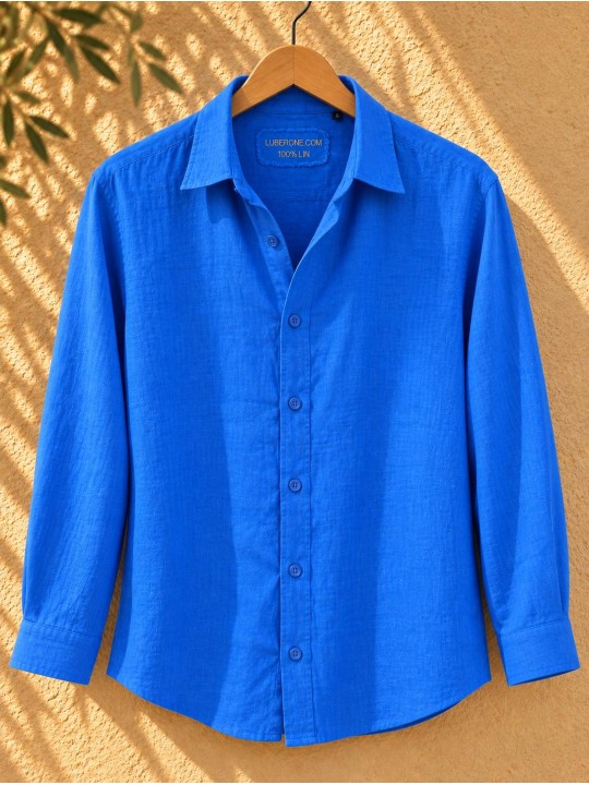 Men's royal blue long-sleeved linen shirt on a wooden hanger – Luberone
