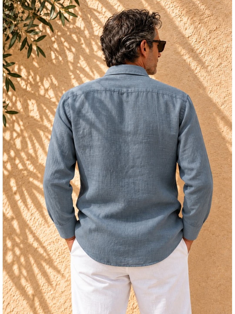 Men's grey long-sleeved linen shirt, back view – Bonnieux
