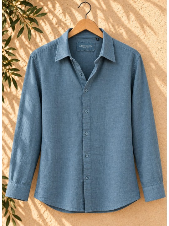 Chemise en lin homme gris manches longues sur cintre en bois – Luberone