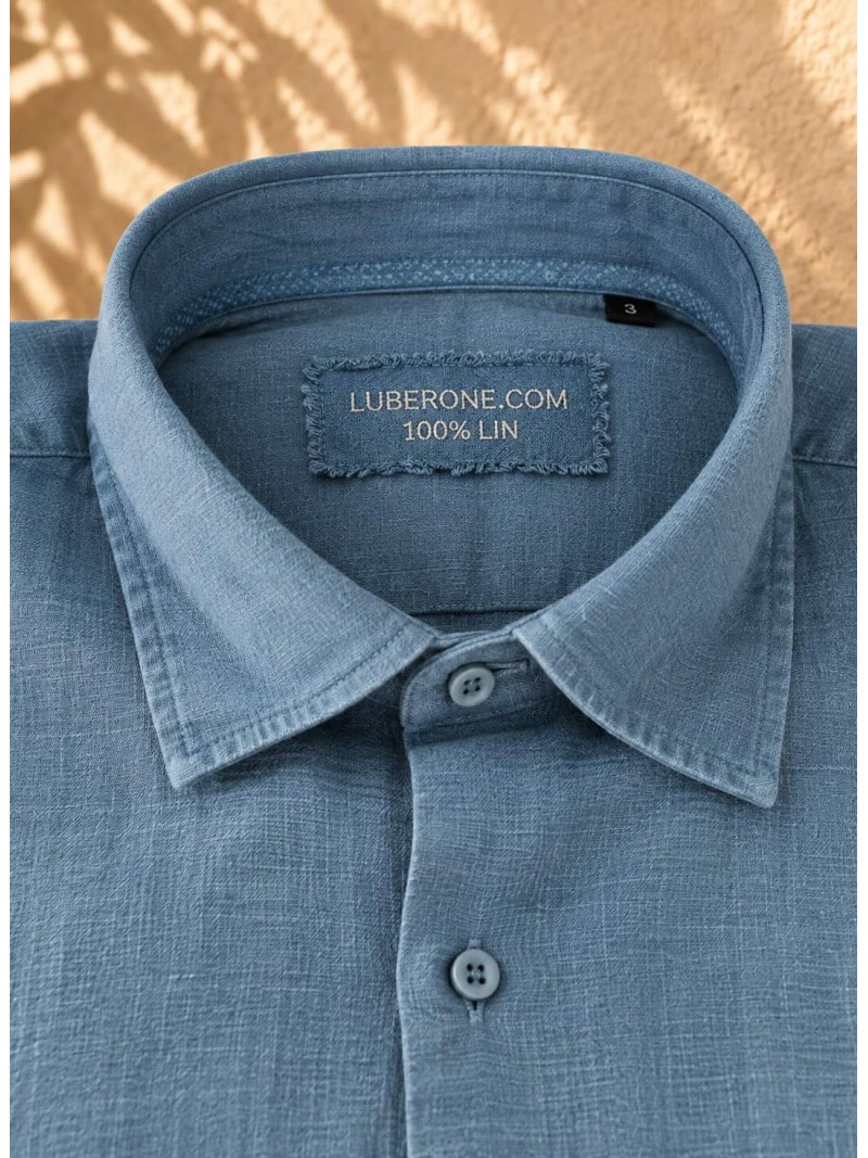 Collar and Luberone label detail of a grey linen shirt