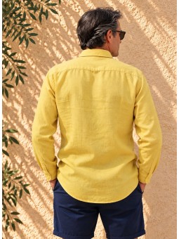 Men's yellow long-sleeved linen shirt, back view – Bonnieux