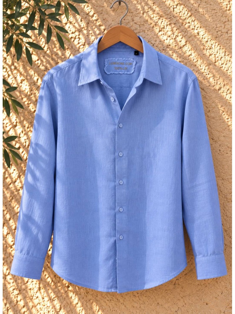 Men's lilac long-sleeved linen shirt on a wooden hanger – Luberone