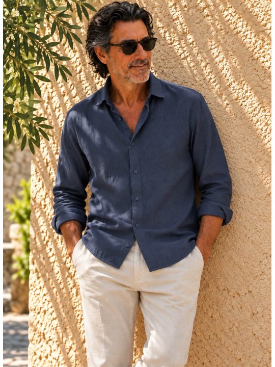 Men's navy blue long-sleeved linen shirt, front view – Bonnieux