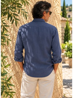 Men's navy blue long-sleeved linen shirt, back view – Bonnieux