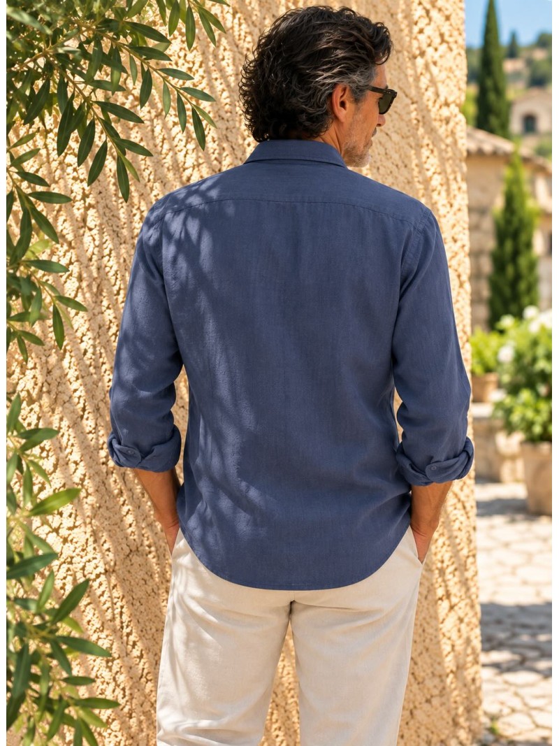 Chemise en lin homme bleu marine manches longues vue de dos – Bonnieux