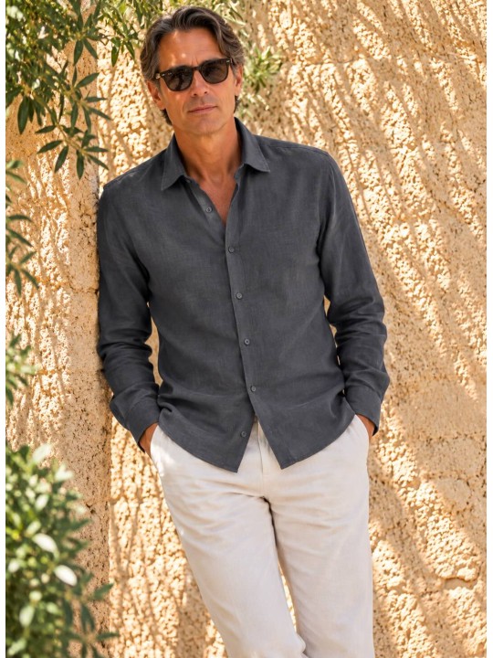 Men's anthracite long-sleeved linen shirt, front view – Bonnieux