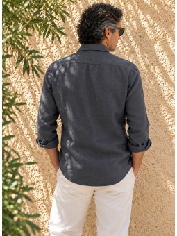 Men's anthracite long-sleeved linen shirt, back view – Bonnieux