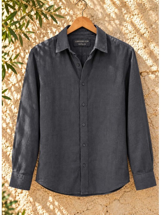 Men's anthracite long-sleeved linen shirt on a wooden hanger – Luberone