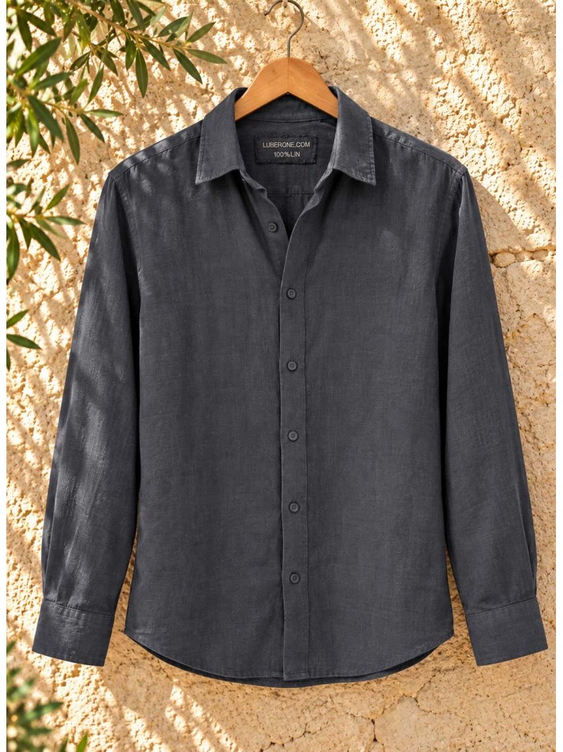 Men's anthracite long-sleeved linen shirt on a wooden hanger – Luberone
